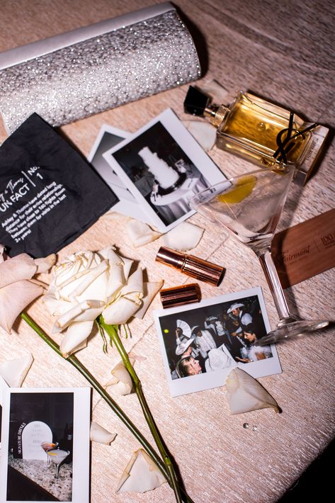 Late night flat lay, fun reception detail photo, wedding night detail table photo with perfume, martini glass, and Fairmont Olympic hotel card. End Of Night Wedding Flat Lay, Reception Flat Lay, Late Night Wedding, Ashley Thomas, Groomsmen Getting Ready, Seattle Wedding Venues, Seattle Hotels, Downtown Wedding, Wedding Details Photography