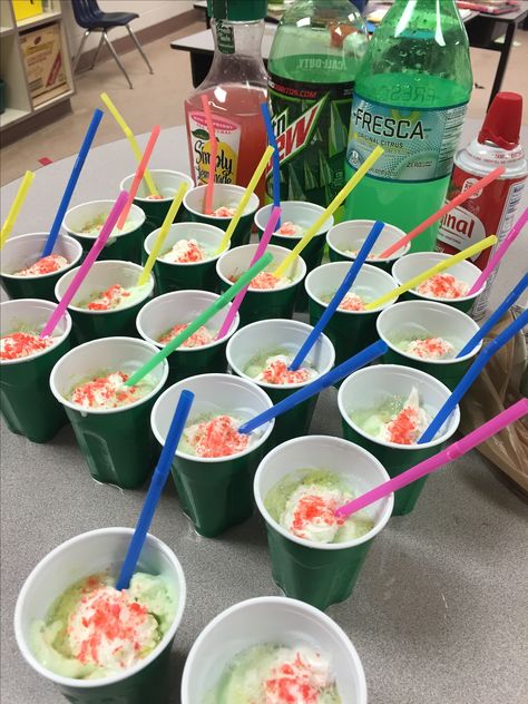 My tailored recipe for 20 kids to enjoy frobscottle from Roald Dahl's The BFG! •rainbow sherbet  •fresca •mt dew •simply raspberry lemonade  •spray whip cream •poprocks  •clear solo cups are best to see colors and bubbles  •fun colored straws  I like reading the page from the book where BFG is first describing experiencing frobscottle to Sophie. Bfg Book, Bfg Party, Bfg Activities, Bfg Novel Study, The Bfg Book, Classroom Cheers, Roald Dahl Activities, Ronald Dahl, Mt Dew