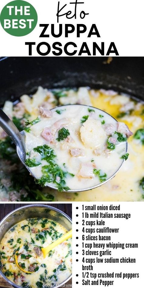 Low Carb Zuppa Toscana Soup, Keto Zuppa Toscana, Keto Zuppa, Sausage And Kale Soup, Zuppa Toscana Soup, Lo Carb Recipes, Toscana Soup, Italian Sausage Soup, Bacon Soup