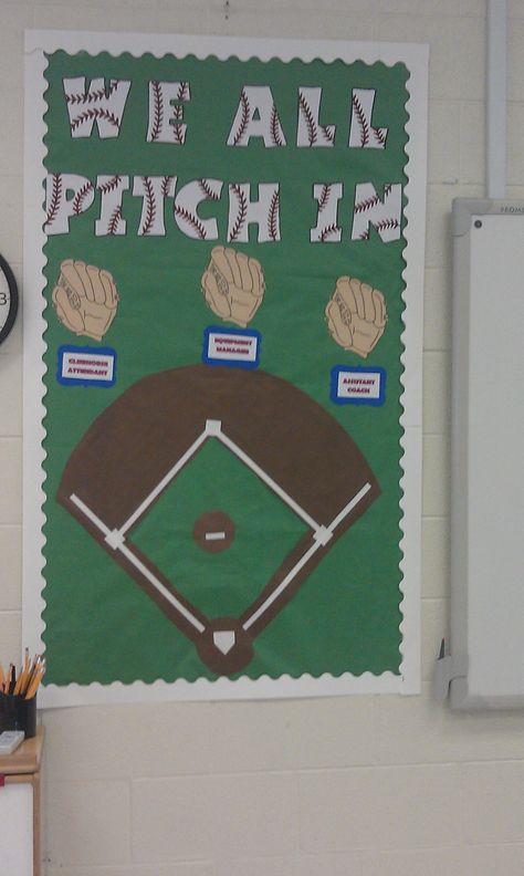 We All Pitch In  Job chart for sports themed classroom. I have a Coach's Assistant, a Clubhouse Attendant, and an Equipment Manager. This took a lot of work but turned out so cute! Sports Bulletin Boards, Classroom Job Chart, Sports Theme Classroom, Classe D'art, Sports Classroom, Clutter Free Classroom, Classroom Helpers, Job Chart, Printable Classroom Decor