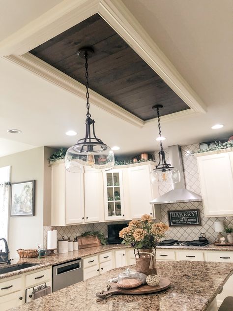 Drop Ceiling Kitchen Island, Over The Counter Light Fixtures, Kitchen Lighting Fixtures Over Island Rustic Wood Beams, Modern Ceiling Moulding Design, Accent Ceiling Kitchen, Raised Ceiling Before And After, Diy Kitchen Light Fixtures, Modern Tray Ceiling, Kitchen Tray Ceiling