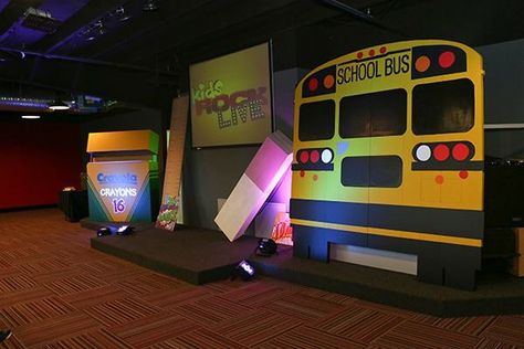 Church stage set back to school Back To School Dance Decorations, Back To School Stage Decor, Church Back To School Bash, St John Baptist, Crayola Party, Rally Ideas, Rally Idea, John Baptist, Back To School Bash