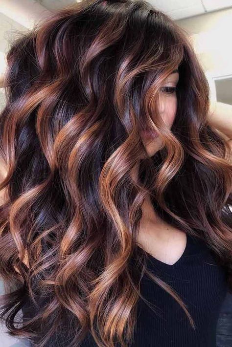 Summer Brunette Hair Balayage Dark, Dark Roots With Caramel Balayage, Hair Color Dimension, Burgundy Hair With Highlights Caramel, Brunette With Auburn Highlights, Red And Caramel Highlights On Dark Hair, Trendy Hair Colors For Brunettes, Dark Copper Balayage Brunette, Brown Hair Color Shades