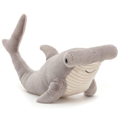 Introducing Harley Hammerhead Shark by Jellycat. For all of you shark fans, Jellycat have come up with the best Hammerhead ever! Harley comes with soft silver grey fur, a cordy cream tummy, a gorgeous chunky head with bright blue eyes on either side and a cute smiley face, who said sharks were icky! Smiley Shark, Sea Style, Shark Plush, Grey Fur, Hammerhead Shark, Cute Stuffed Animals, Plush Animals, Sea Creatures, Soft Toy