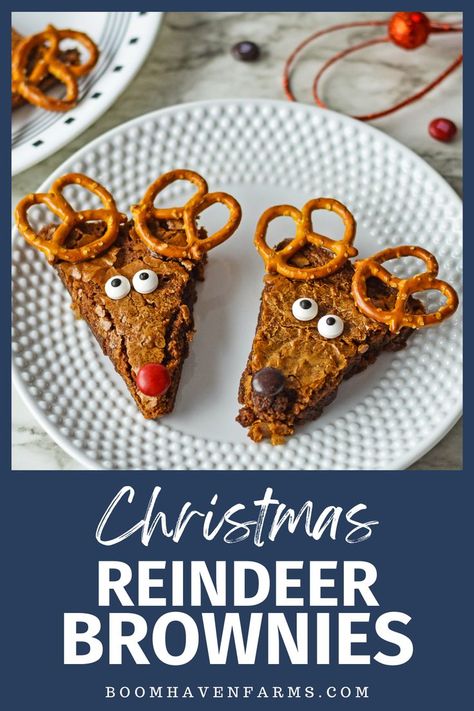 Spread holiday cheer with these festive Reindeer Brownies. A fun and easy holiday treat, these brownies are transformed into adorable Rudolph-inspired delights. Simply cut the brownies into triangles, add candy eyes, a bright m&m nose, and pretzel antlers for a delightful and tasty Christmas dessert. Get ready for some joyful baking with the kids! Brownie Reindeer, Rudolph Brownies, Brownies With Pretzels, Pretzels Christmas, Reindeer Brownies, Reindeer Brownie, Brownie Christmas, Milk Chocolate Brownies, Red Hots Candy