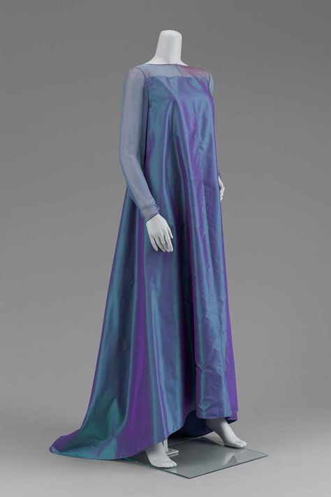 Turquoise and purple iridescent taffeta dress with chiffon bodice and long sleeves. Labeled "Geoffrey Beene" 1980 Clothing, 90s Fashion For Women, 1970s Fashion Women, Clothing Themes, 90s Fashion Women, Museum Of Fine Arts Boston, Geoffrey Beene, Designer Evening Dresses, Taffeta Dress