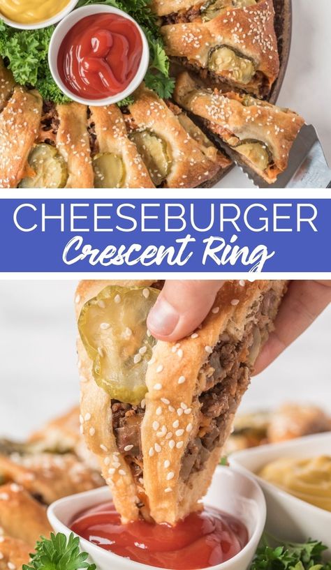 This Cheeseburger Crescent Ring is perfect as a party snack when entertaining or keep those hunger pangs at bay while hanging with family. via @familyfresh Hamburger Crescent Ring, Hamburger Ring Recipe Crescent Rolls, Cheeseburger Crescent Ring, Big Mac Crescent Ring, Sloppy Joe Crescent Ring, Pizza Crescent Ring, Cheeseburger Crescent Rolls, Hamburger Crescent Roll Recipes, Hand Held Appetizers