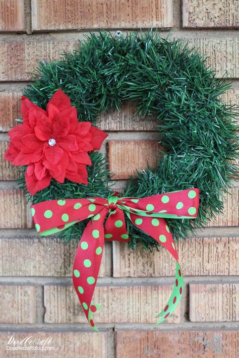 Dollar Tree Garland Wreath with Poinsettia Hair Bow DIY Dollar Tree Garland, Hair Bow Diy, Diy Christmas Art, Diy Snowman Ornaments, Bow Diy, Garland Wreath, Christmas Crafts For Kids To Make, Holiday Ribbon, Christmas Wreaths To Make