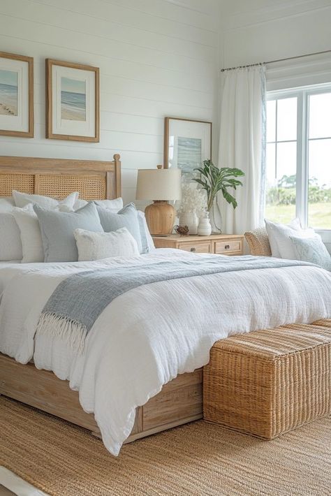 29 Coast Chic Bedrooms to Infuse Your Space with Coastal Elegance 4 Beach Master Bed, Beach Bedroom Ideas Coastal Style Interior Design, Beach Farmhouse Decor Coastal Style Master Bedrooms, Costal Guest Bedrooms, Costal Boho Bedrooms, Pastel Coastal Bedroom, Christina On The Coast Bedroom, Beachy Modern Bedroom, Classy Coastal Bedroom