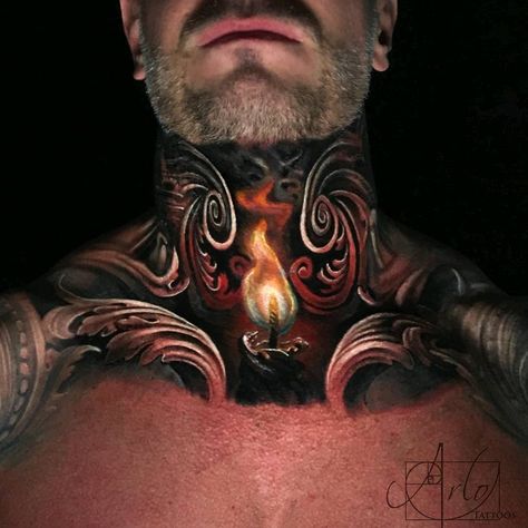 Arlo Tattoo, Arlo Dicristina, Candle Tattoo Design, Neck Tattoos For Men, Front Neck Tattoo, Full Neck Tattoos, 12 Tattoos, Throat Tattoo, Realistic Tattoo Sleeve