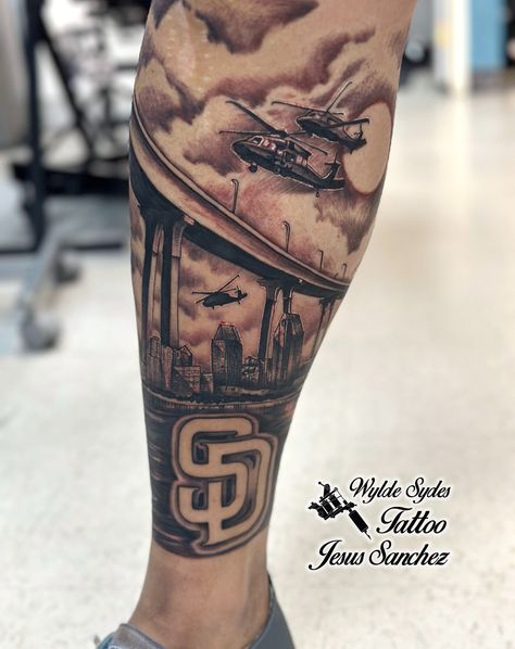 Custom San Diego Themed Tattoo By: Jesus www.wyldesydestattoo.com #tattoo #tattoos #sandiego #sandiegotattooartist #blackandgraytattoo #realistictattoo #wyldesydestattoo San Diego Tattoo Ideas, San Diego Tattoo, Theme Tattoo, Forearm Tattoo, Tattoos For Guys, Portrait Tattoo, Tatting, San Diego, Tattoo Designs