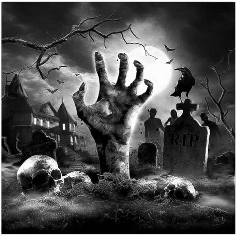 Hand Coming Out Of Grave, Graveyard Tattoo, Viking Wallpaper, Spooky Graveyard, Graveyard Scene, Halloween Chic, Scene Tattoo, Happy Halloween Pictures, Skull Art Tattoo