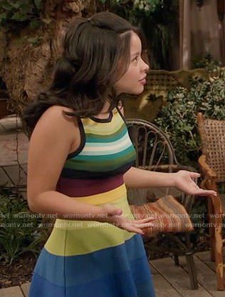 Mariana's multicolored stripe dress on The Fosters Mariana Foster, Cierra Ramirez, Tv Fashion, Fashion Tv, Stripe Dress, Outfits Fashion, Outfit Details, Striped Dress, Two Piece Skirt