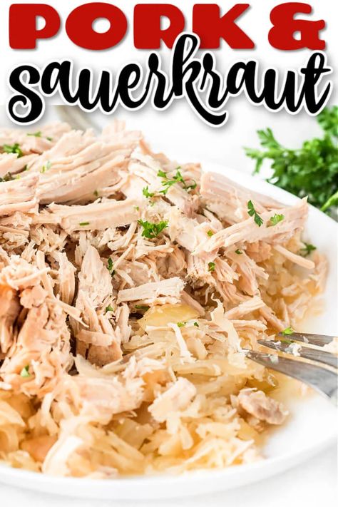 EASY PORK AND SAUERKRAUT Slow Cooker Pork And Sauerkraut Recipe, Crockpot Pork And Sauerkraut, Pork And Sauerkraut Recipe, Pork Roast And Sauerkraut, Pork Chops And Sauerkraut, Pork And Sauerkraut, Slow Cooker Pork Loin, Crockpot Pork Loin, Sauerkraut Recipe