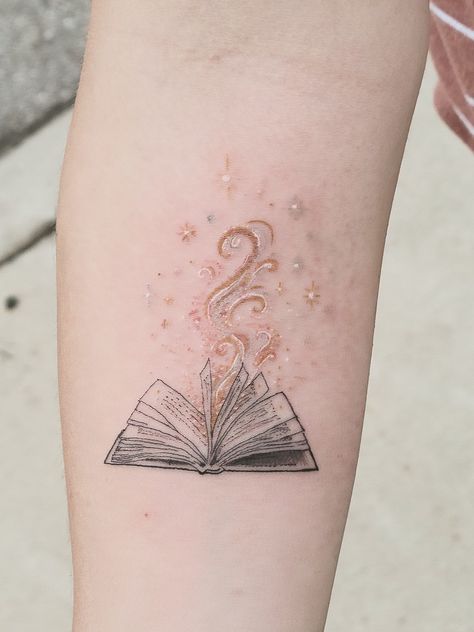 Magic book tattoo idea Book Lover Tattoo, Spiral Tattoos, Bookish Tattoos, Theme Tattoo, Small Pretty Tattoos, Fire Tattoo, Book Tattoo, Hair Tattoos, Friend Tattoos