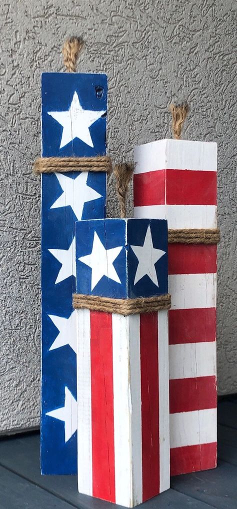 4th Of July Wood Crafts, Patriotic Blocks Diy, Rustic Patriotic Decor, 4th Of July Wood Decor, 4th Of July Wood Signs, Wood Block Firecrackers, Americana Porch Sign, Wooden Firecrackers, Fouth Of July Crafts