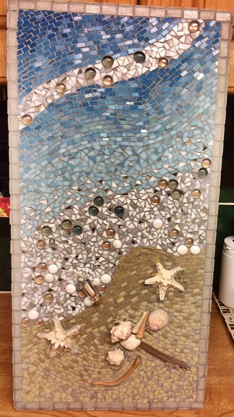 Sea Glass Mosaics, Beach Mosaic Ideas, Mosaic Sea Life, Nautical Mosaic, Beach Mosaic, Abstract Mosaic Art, Sea Glass Mosaic, Mosaic Art Diy, Seashell Wall Art