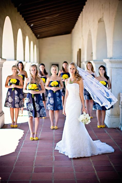 Blue. Matching Bridesmaids Dresses, Patterned Bridesmaid, Patterned Bridesmaid Dresses, Printed Bridesmaid Dresses, Unique Bridesmaid Dresses, Matching Bridesmaids, 2013 Wedding, Yellow Wedding Flowers, Bridesmaids Dress Inspiration