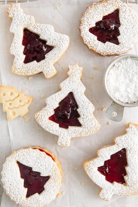 Classic Christmas Cookies, Tree Cutout, Linzer Cookies Recipe, Almond Shortbread, Cream Cheese Sugar Cookies, Almond Shortbread Cookies, Christmas Jam, Linzer Cookies, Christmas Baking Recipes