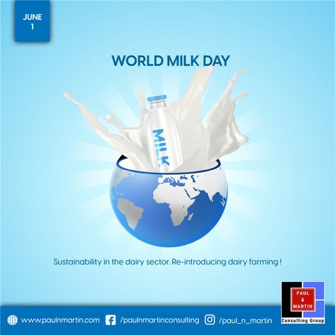 June 1 - World Milk Day Sustainability in the dairy sector along with empowering the environment, nutrition, and socio-economic. #worldmilkday #milkday #june1 #june2021 #calender #daystoremember World Milk Day, World Milk Day Creative Ads, Milk Social Media Design, Milk Advertising Creative, Dairy Milk Advertisement, Got Milk Ads, Creative Ads, Sustainability, Dairy