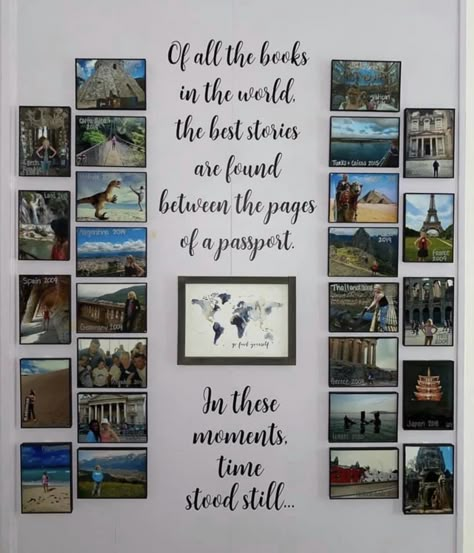 Traveling Pictures Ideas Display, Travel Photo Wall Ideas Hallway, Displaying Travel Photos On Wall, Travel Shelf Display, Display Travel Photos Wall Art, Gallery Wall Ideas Travel Photos, Travel Picture Wall Ideas Photo Displays, Vacation Wall Display, Displaying Travel Photos