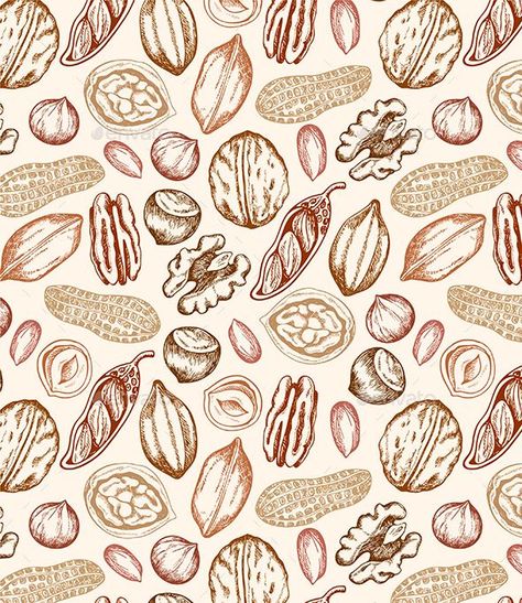 Pattern with Hazelnut, Walnut and Peanut. Nuts Label Design, Nuts Drawing, Peanut Illustration, Walnut Illustration, Nuts Illustration, Nuts Logo, Animal Illustration Kids, Apple Illustration, Illustration Kids