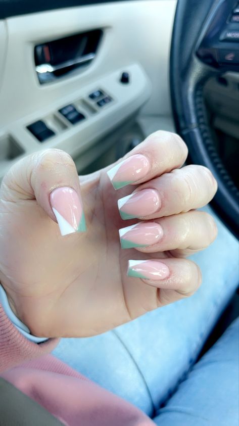 Sage Green And White French Tip Nails, Green And White French Tip, White And Green French Tip Nails, Sage Green French Tips, Green And White French Tip Nails, Sage Green And White Nails, Sage Green French Tip Nails, Sage Green Nail Ideas, Sweet 16 Nails