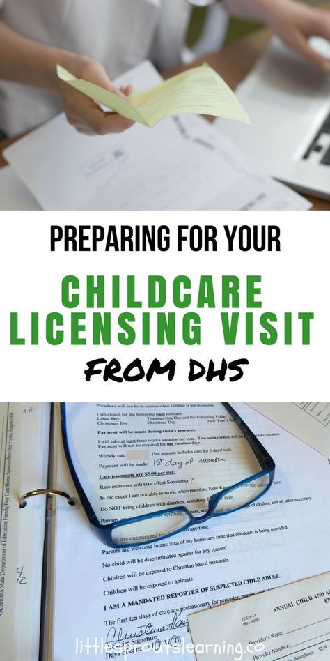 What do you need to do to prepare for your child care licensing visit? In Oklahoma, DHS does quarterly, unannounced visits to check for licensing requirement compliance for family childcare homes. If you have been licensed for a number of years, these visits are old hat, but if you are new, it can be intimidating. If you live in a state that doesn’t require daycare licensing, it’s a good idea to follow most of these guidelines anyway. Childcare Director, Preschool Director, Daycare Rooms, Daycare Business, Home Childcare, Starting A Daycare, Daycare Forms, Childcare Business, Family Child Care