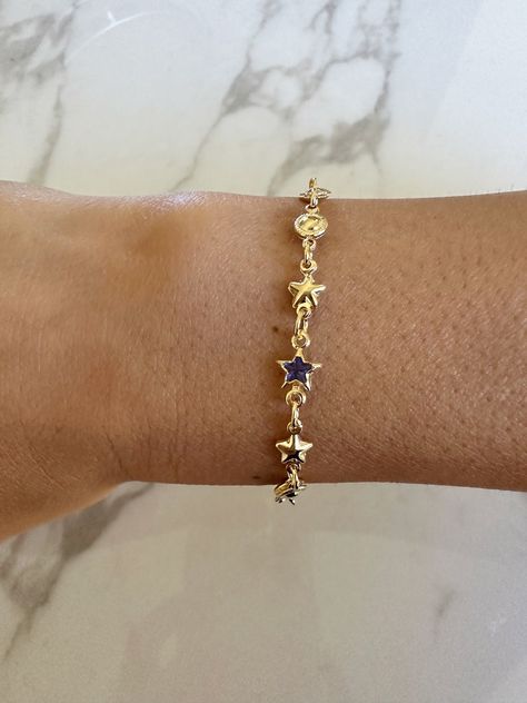 18k Gold Filled Blue and Gold Star Chain Bracelet, Dainty Bracelet - Etsy UK October Jewelry, Schmuck Gold, Gold Schmuck, Turquoise Bead Bracelet, Gold Armband, Star Chain, Jewelry Accessories Ideas, Bracelet Dainty, Dainty Bracelet