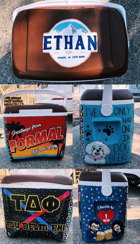 frat formal cooler, anniversary cooler, star wars, bitmoji cooler, busch cooler, formal cooler Frat Cooler Busch Light, Cooler For Formal, Painting Coolers For Guys Fraternity, Virginia Tech Frat Cooler, Frat Gift Ideas, Busch Light Cooler Painting, Busch Light Frat Cooler, Frat Cooler New Orleans, Custom Cooler Ideas