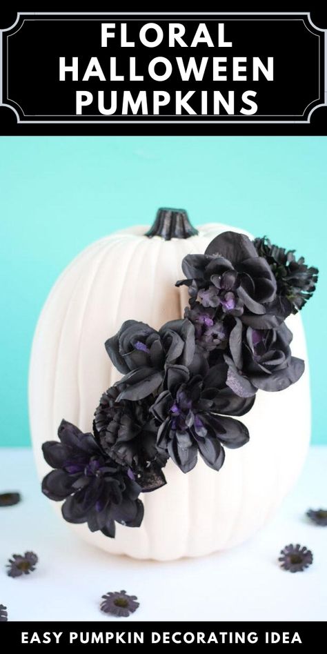 These black flower pumpkins for Halloween are the perfect combo of spooky and sophisticated! Country Thanksgiving Decorations, Flower Pumpkins, Diy Halloween Dekoration, Easy Diy Halloween Decorations, Fairy Halloween Costumes, Classy Halloween, Halloween Themed Wedding, Halloween Centerpiece, Pretty Halloween