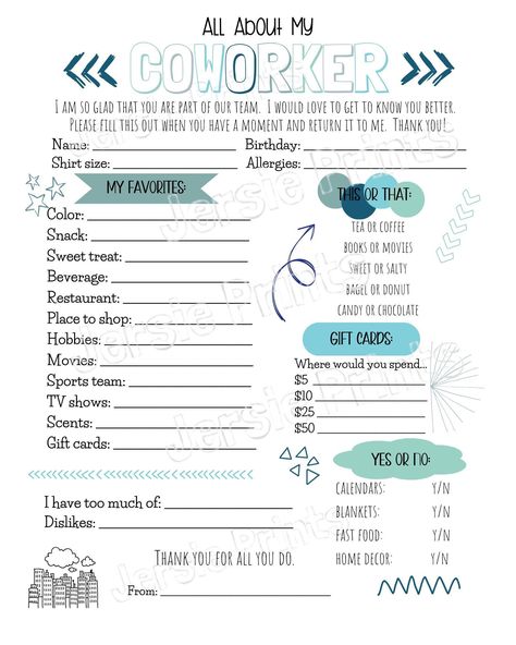 Coworker Favorite Things List, New Employee Questionnaire, Favorite Things List For Coworkers, Secret Santa Coworker Gifts, Coworker Questionnaire, All About Me Printable, Coworkers Birthday, Get To Know You Activities, Staff Motivation