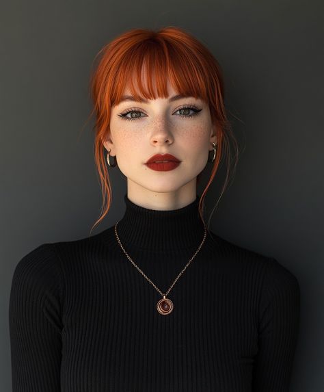 Blunt Fringe with Fall Hair Colors 2024 Copper Depth Bold Sophistication. Copper Hair Round Face, Ginger Hair Combinations, Red Hair With Fun Colors, Ginger Hair Black Highlights, Orange Hair Dark Eyebrows, 2025 Bang Trends, Bright Red Copper Hair, From Brunette To Red Hair, Hair Color Ideas For Bangs