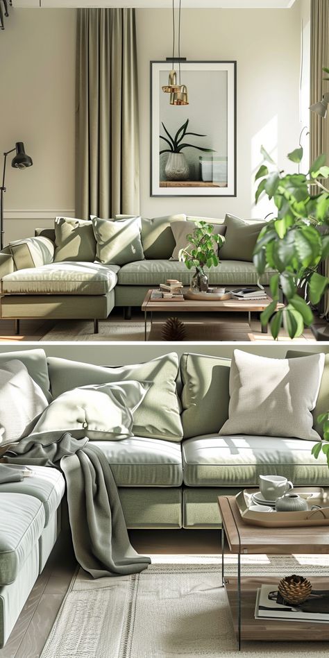 Sage Green Living Room Ideas, Green Settee, Green Living Room Ideas, Living Room Stairs, Sage Green Living Room, Apartment Necessities, Green Living Room, Lobby Interior Design, Boho Chic Living Room