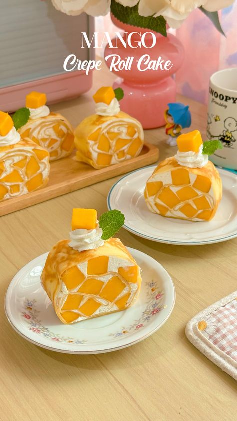 Joyシ (@pinklemonade.sunday) • Instagram photos and videos Mango Crepe Cake, Mango Crepe Roll, Crepe Roll Cake, Mango Crepe, Nobake Dessert, Towel Cake, Japanese Cake, Japanese Crepes, Social Design