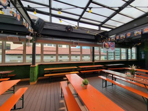 Sauf Haus Retractable Roof Manufactured by Roll-A-CoverAmerica's Leading Custom Manufacturer of Retractable Enclosure and Roof Systems Washington D C, Outdoor Rooftop, Retractable Roof, Glass Roof, Roofing Systems, Rain Or Shine, The Restaurant, The Roof, Outdoor Patio