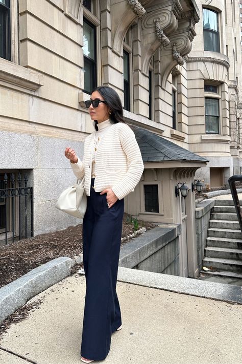 Petite friendly spring transitional outfits Navy Wide Leg Pants, Uniqlo Coat, Spring Workwear, Transitional Outfits, Casual Office Wear, Straight Cut Jeans, Transition Outfits, Cotton Cardigan, Petite Outfits