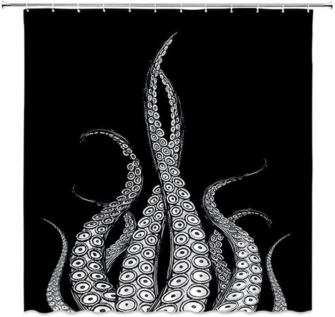 Amazon.com: XZMAN Octopus Shower Curtain White Octopus Tentacles Black Background Ocean Kraken Marine Monster Abstract Vintage Black White Creative Bathroom Decor Quick Drying Fabric Set 70 Inches Include Hooks: Kitchen & Dining Modern Home Bathroom, White Octopus, Ocean Shower Curtain, Shower Curtain Black, Bathroom Curtain Set, Octopus Wall Art, Black Ocean, Creative Bathroom, Octopus Tentacles