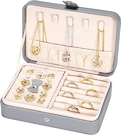 Voova Travel Jewellery Box Organiser for Women Girls, PU Leather Small Jewelry Storage Case with Smart Earrings Plate, Mini jewlerrying Display Holder for Earrings Rings Necklace Bracelets,Grey Travel Jewelry Organizer Cases, Portable Jewelry Organizer, Travel Jewellery Box, Jewelry Drawer, Travel Jewelry Organizer, Jewelry Organizer Storage, Bangle Watches, Travel Jewelry Box, Travel Jewelry Case