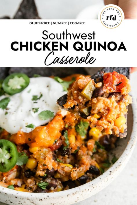 Looking for a hearty family-friendly meal made in one dish with savory Tex-Mex flavors? If you say Yes, please!, then this Southwest Chicken Quinoa Casserole recipe is for you! It comes together quick and makes a nutritiously complete meal. Just add your favorite toppings and watch it disappear. Chicken Quinoa Casserole, Quinoa Casserole Recipes, Quinoa Casserole, Mexican Quinoa, I'm Fat, Baking Dish Set, Chicken Skillet, Frozen Cauliflower Rice, Southwest Chicken