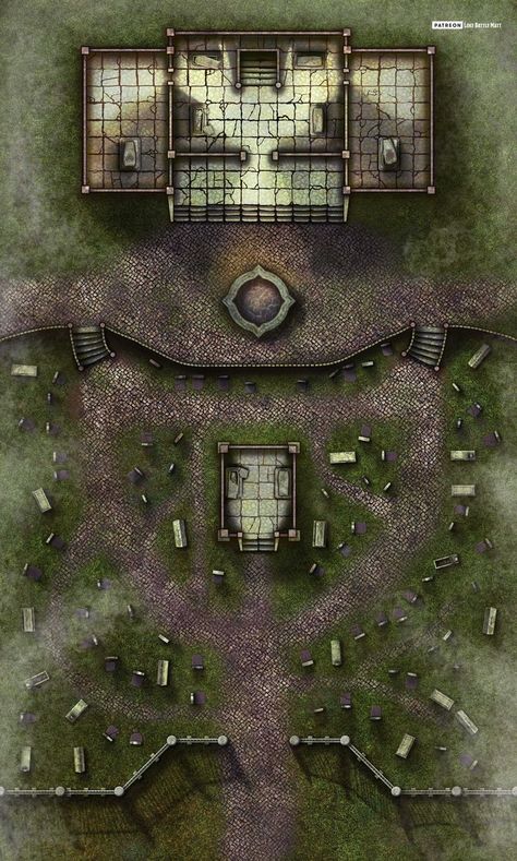 Haston Hill Cemetery, a mix of graveyard and grand mausoleum with stairs giving the option to add a full blown dungeon under the cemetery. #lokebattlemats #battlemap #battlemat #map #dnd #rpg #ttrpg #whfrp #pathfinder #dungeons #dragons #5e #fantasy #dungeon #graveyard #cemetery #tomb Ttrpg Map, Maps Rpg, Dnd Locations, Fantasy Dungeon, Call Of Cthulhu Rpg, Dragons 5e, Dungeon Tiles, Dnd World Map, Tabletop Rpg Maps