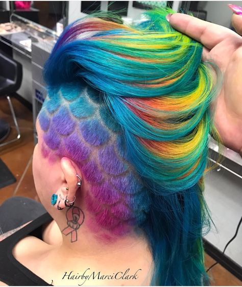 Colored Mohawk Woman, Undercut Colored Hair, Undercut Dyed Hair, Colorful Mohawk, Undercut Ideas, Undercut Design, Hair Formulas, Side Shave, Mermaid Hair Color