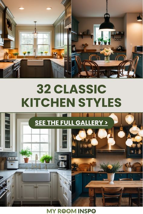 Dive into these 32 classic kitchen styles featuring delightful designs and layouts. This pin displays 4 captivating images showcasing a mix of rustic and modern charm that can inspire your next kitchen redesign. Kitchen Remodel Traditional Style, Modern Vintage Kitchen Design, Jenny Mars Kitchens, Colonial Chic Kitchen, Kitchen Traditional Modern, Classic Kitchen Colors, Kitchen Ideas Timeless, Modern French Country Kitchen Cabinets, Vintage Kitchen Color Schemes