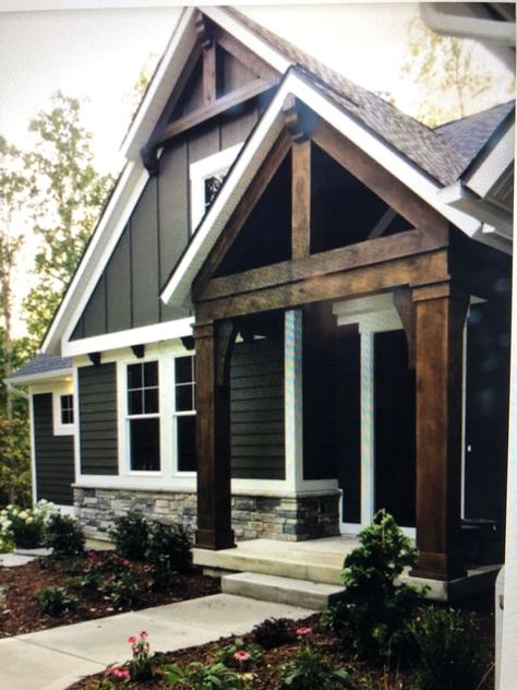 Grey Siding With Wood Accents, Dark Gray Home Exterior, Dark Grey Exterior House, Charcoal Siding House, House Siding Ideas Exterior Colors, Sherwin Williams House Colors, Dark Siding House, Dark Grey Siding, Farmhouse Outside