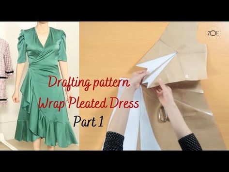 Drafting pattern Wrap Pleated Dress | Develop Basic Pattern | Zoe DIY - YouTube Sew Wrap Dress, Western Dress Patterns, Drape Dress Pattern, Pattern Draping, Wrap Dress Pattern, Basic Pattern, Couture Sewing Techniques, 3d Drawings, Boho Style Dresses