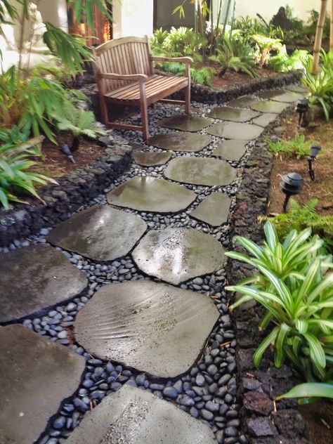 Rock Pavers, Lava Rock Landscape, Tiki Backyard, Coffee Shack, Rock Walkway, Outdoor Shower Fixtures, Backyard Sandbox, Lawn Repair, Hawaii Landscape