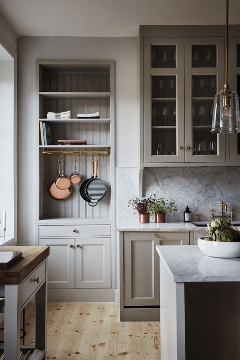 Kitchen and Beyond // neutral cabinet paint colors for kitchens // the Grit and Polish Neutral Cabinets, Серая Кухня, Herringbone Backsplash, Gray Cabinets, Decor Ikea, Classic Kitchen, Wooden Floors, Grey Kitchen Cabinets, Classic Kitchens