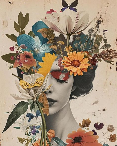 Sprinkle of AI (@sprinkleofai) • Instagram photos and videos Ladies Painting, Lady With Flowers, Flower Art Collage, Creative Portrait Ideas, Surrealism Portrait, Face Made Of Flowers, Collage Self Portrait, Floral Portrait Art, Flower Face Illustration