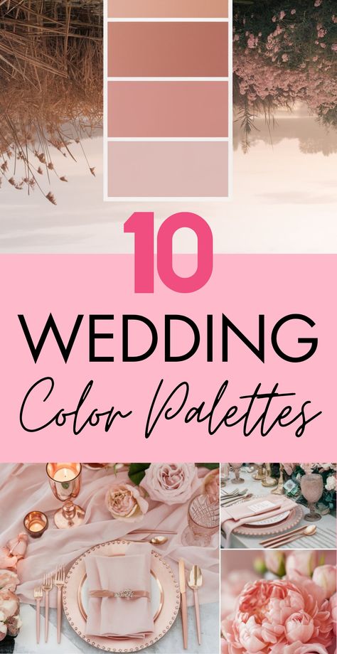 10 unexpected wedding color palettes with unique combinations. Terra Rosa Wedding, Dusty Rose And Pink Wedding, Wedding Color Schemes For April, Wedding Color Combinations Summer, Unique Color Schemes Wedding, Spring Colors Wedding Colour Palettes, Summer Evening Wedding Colors, Wedding Colors With Rose Gold, Spring Wedding Colors Bridal Party