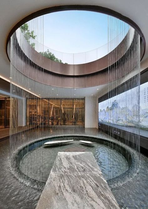 Transparent Material Architecture, Circular Water Fountain, Water Interior Design Concept, Spa Architecture Design, Rainwater Architecture, Water Design Architecture, Water In Architecture, Water Interior Design, Spa Seating Area